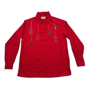 Vintage Christmas Shirt Womens Small S Red Reindeer Button Up Long Sleeve